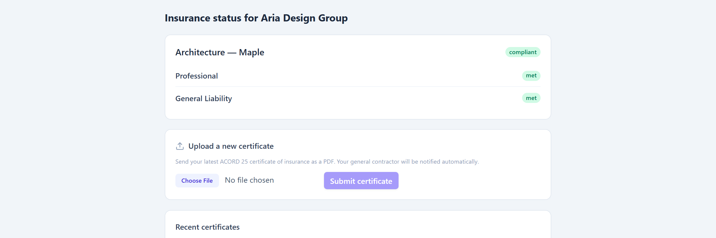 The vendor self-service page: per-line status, a certificate upload box, and recent certificates