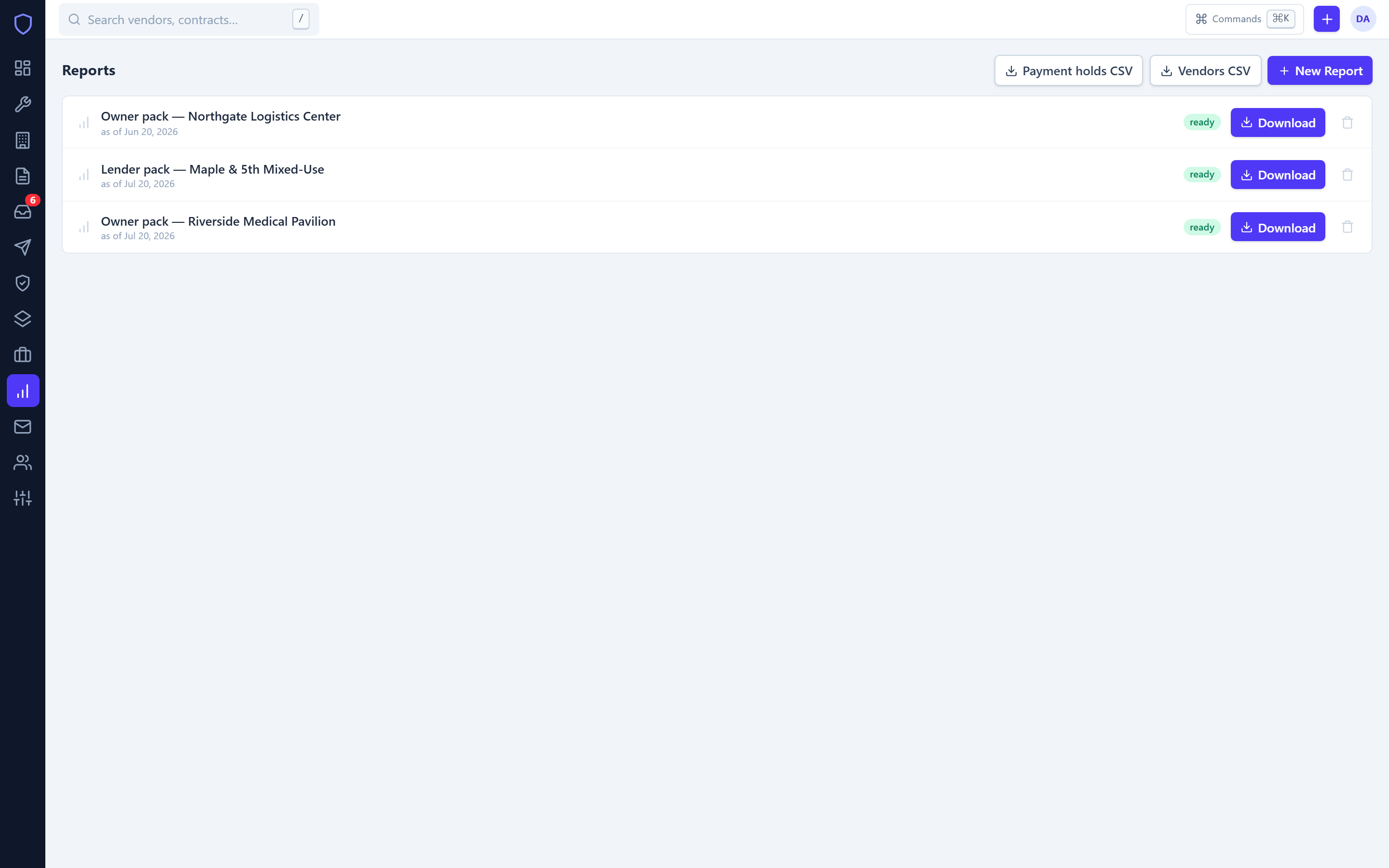 Report packs ready to download: owner and lender packs plus one-click CSV exports
